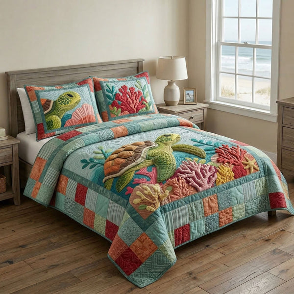 Nautical Turtle Waves quilted 3-piece bedding set on a made bed in a light coastal bedroom