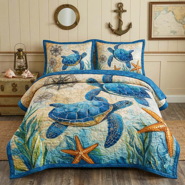 Nautical Turtles quilted 3-piece bedding set on a made bed in a light coastal bedroom