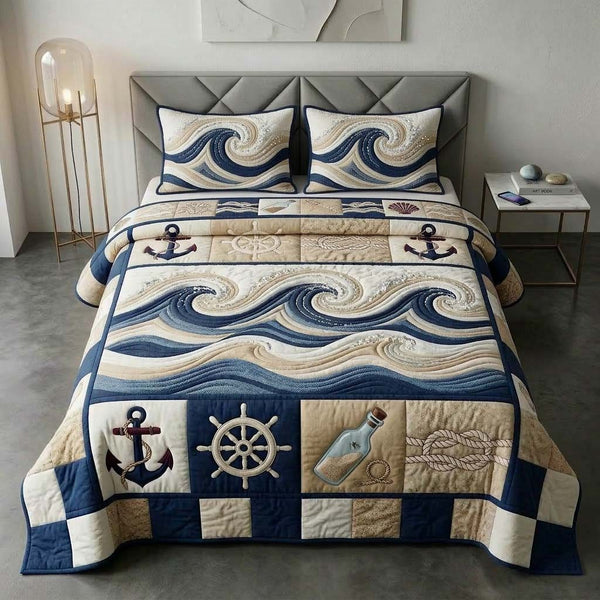 Nautical Wave quilted 3-piece bedding set on a made bed in a light coastal bedroom