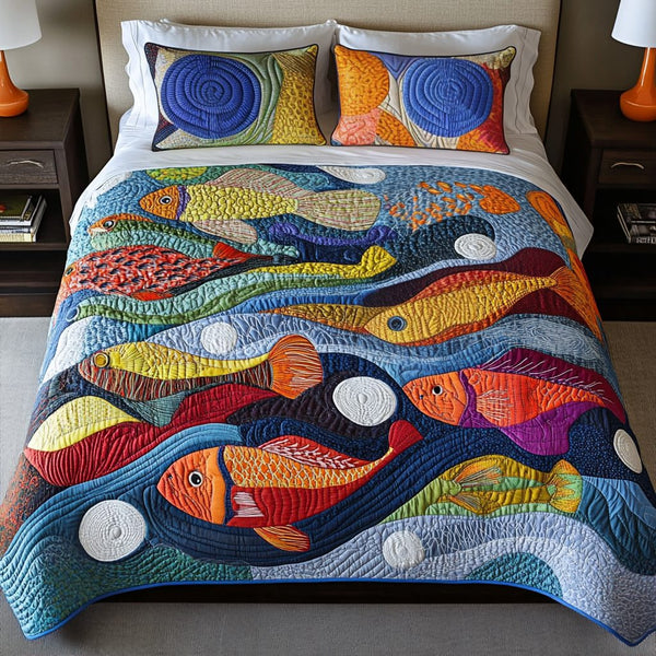 Nautical Whimsy quilted 3-piece bedding set on a made bed in a light coastal bedroom