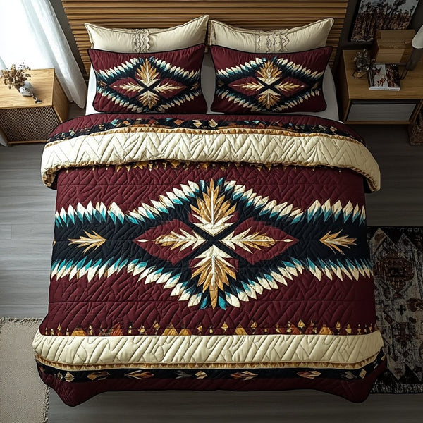 Navajo Nights quilted 3-piece bedding set on a made bed with two matching pillow shams