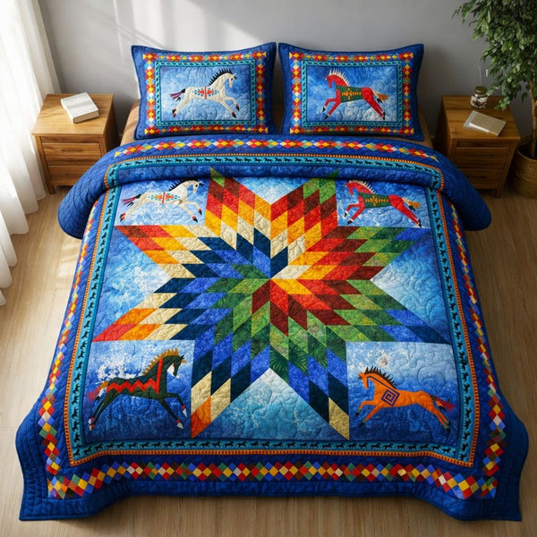 Navetive Horse quilted 3-piece bedding set on a made bed in a rustic timber bedroom