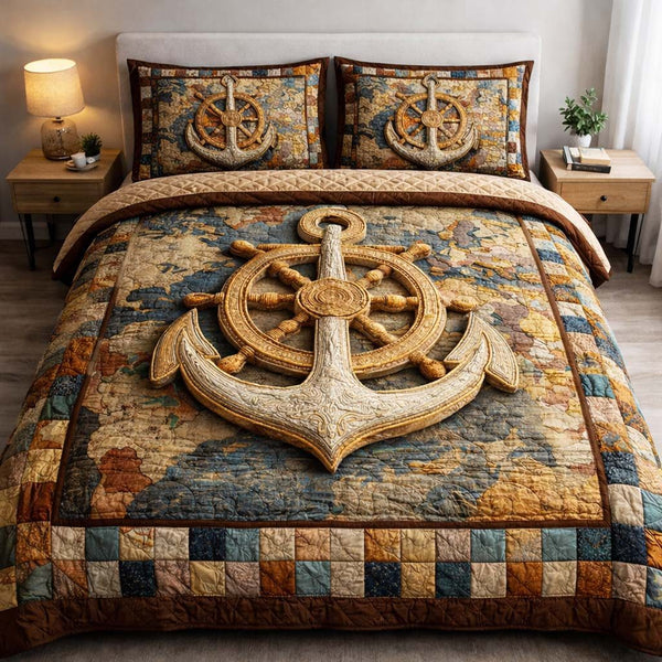 Navigator Anchor quilted 3-piece bedding set on a made bed in a light coastal bedroom