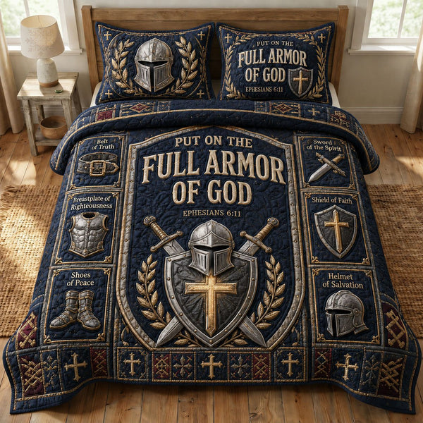 Navy Armor Faith quilted 3-piece bedding set on a made bed in a warmly lit bedroom