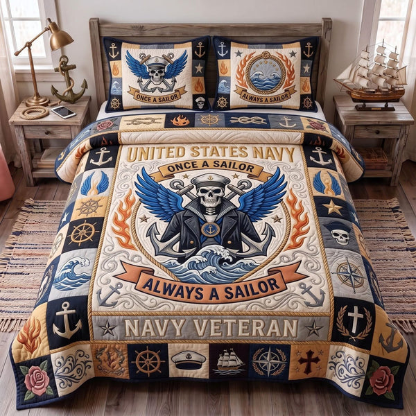 Navy Forever quilted 3-piece bedding set on a made bed in a warmly lit bedroom