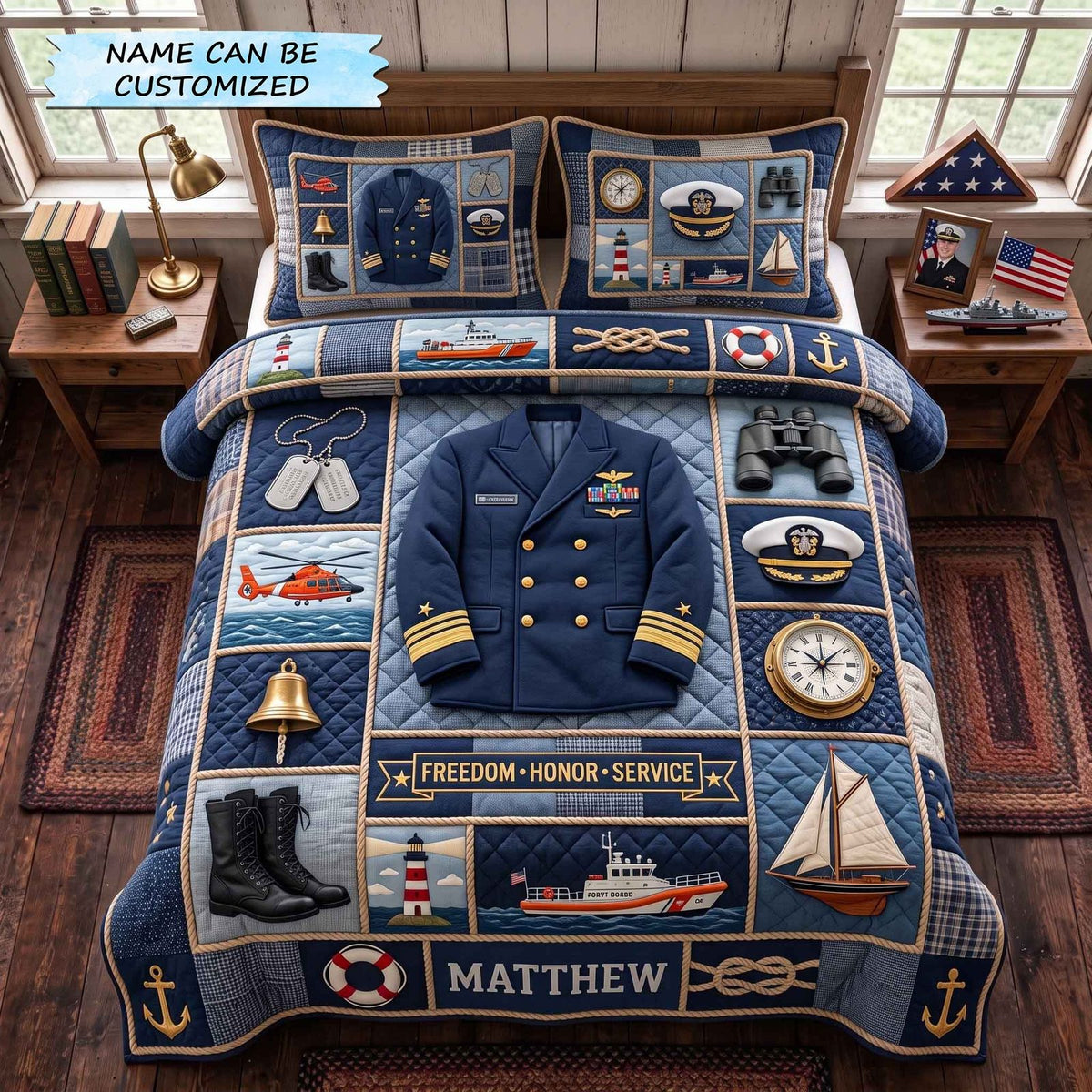 Navy Legacy quilted 3-piece bedding set on a made bed in a warmly lit bedroom
