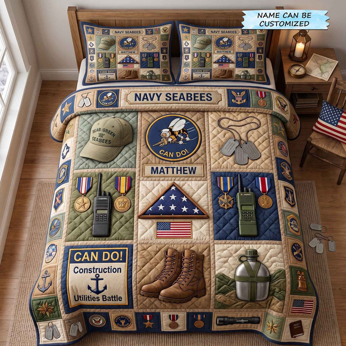 Navy Legacy quilted 3-piece bedding set on a made bed in a warmly lit bedroom