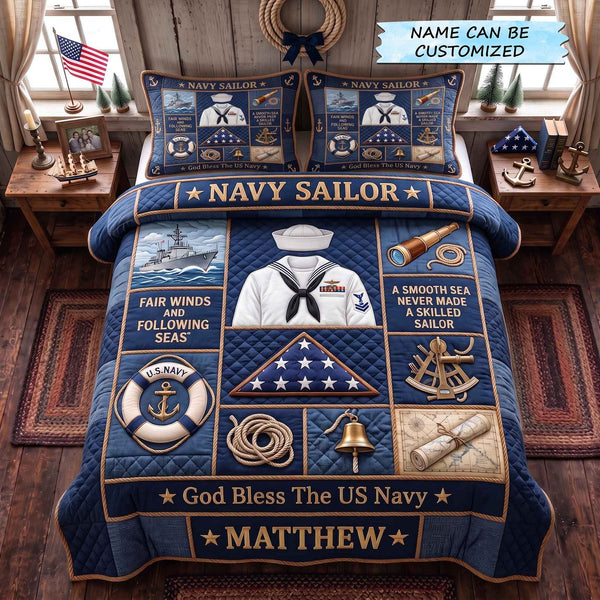 Navy Legacy quilted 3-piece bedding set on a made bed in a warmly lit bedroom