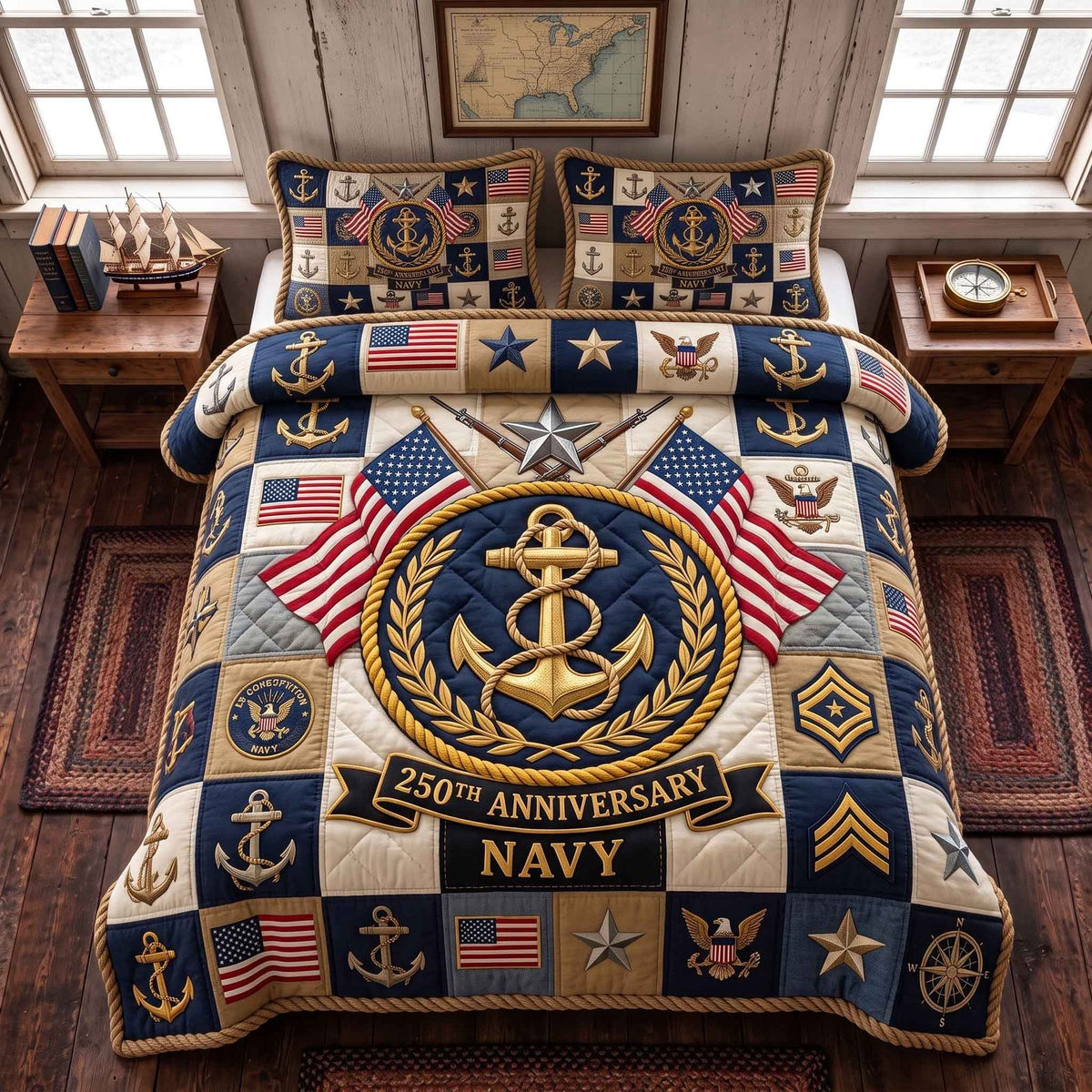 Navy Legacy quilted 3-piece bedding set on a made bed in a warmly lit bedroom