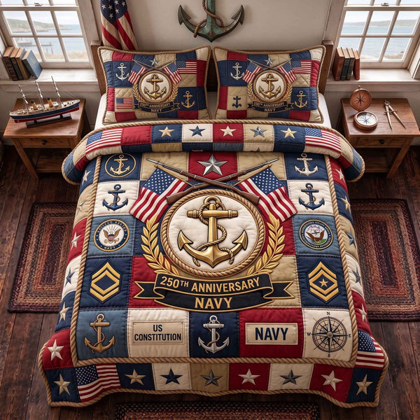 Navy Legacy quilted 3-piece bedding set on a made bed in a warmly lit bedroom