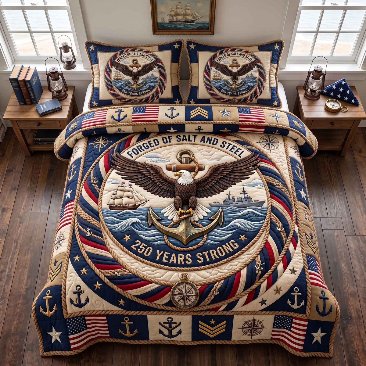 Navy Legacy quilted 3-piece bedding set on a made bed in a warmly lit bedroom