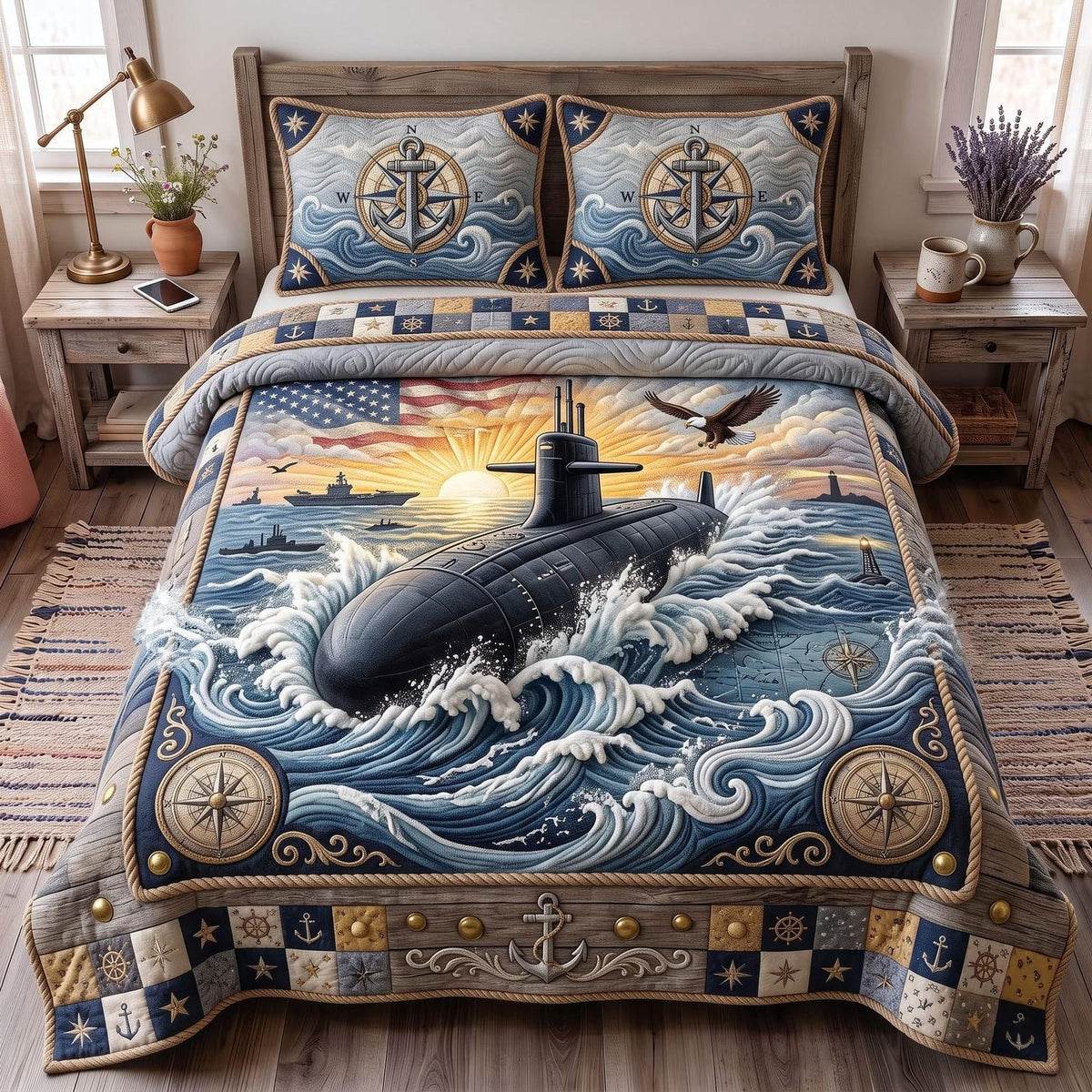 Navy Pride quilted 3-piece bedding set on a made bed in a warmly lit bedroom
