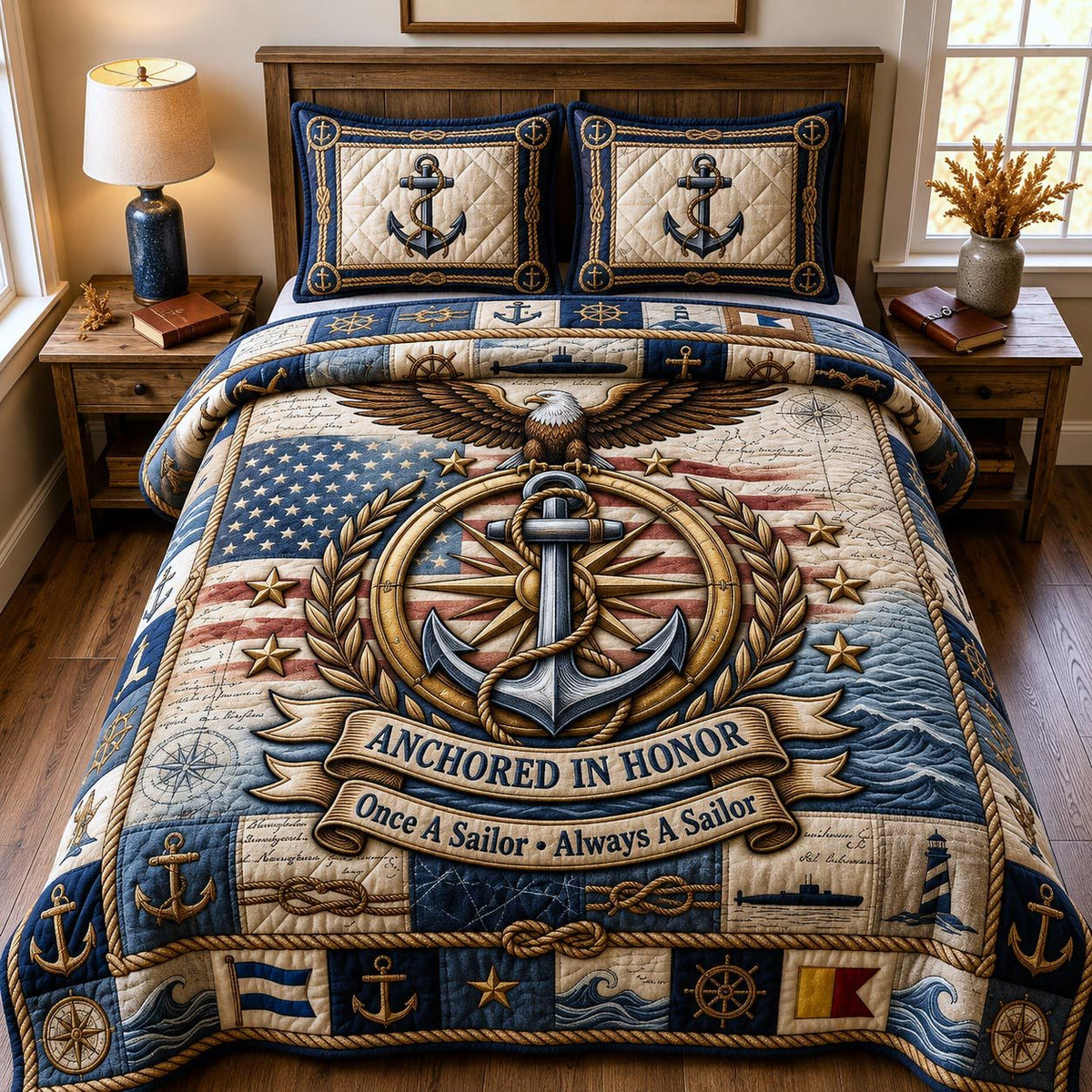 Navy Pride quilted 3-piece bedding set on a made bed in a warmly lit bedroom