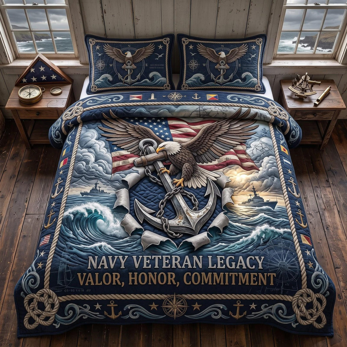 Navy Pride quilted 3-piece bedding set on a made bed in a warmly lit bedroom