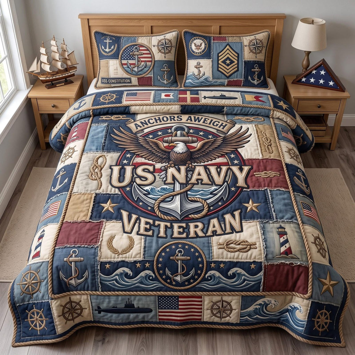 Navy Pride quilted 3-piece bedding set on a made bed in a warmly lit bedroom