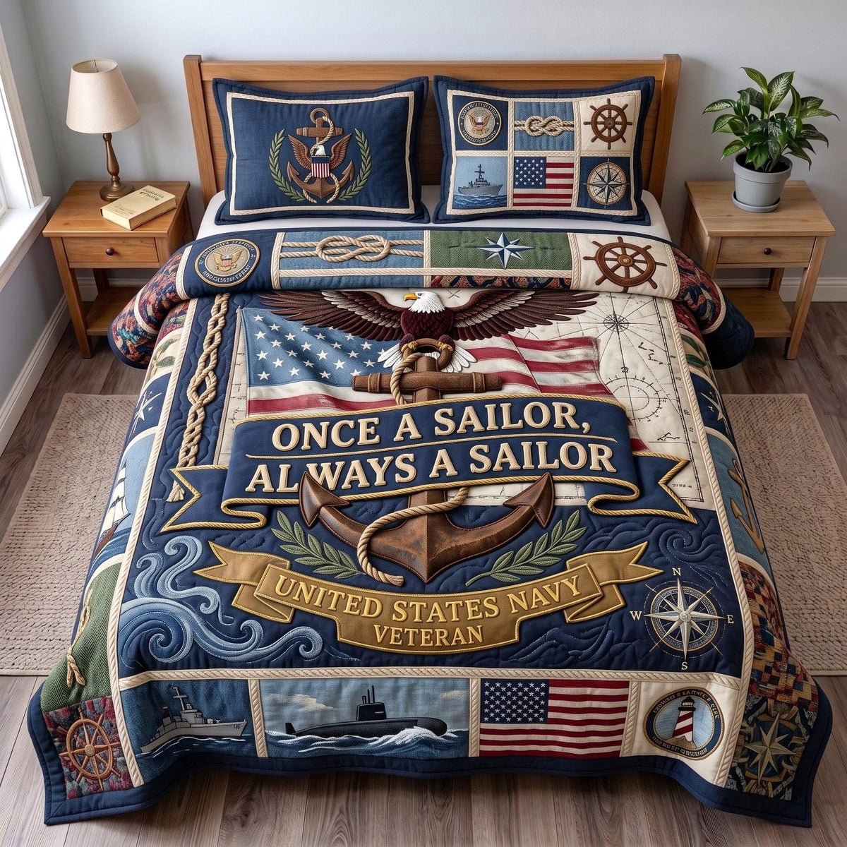 Navy Pride quilted 3-piece bedding set on a made bed in a warmly lit bedroom
