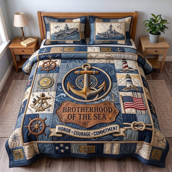 Navy Pride quilted 3-piece bedding set on a made bed in a warmly lit bedroom