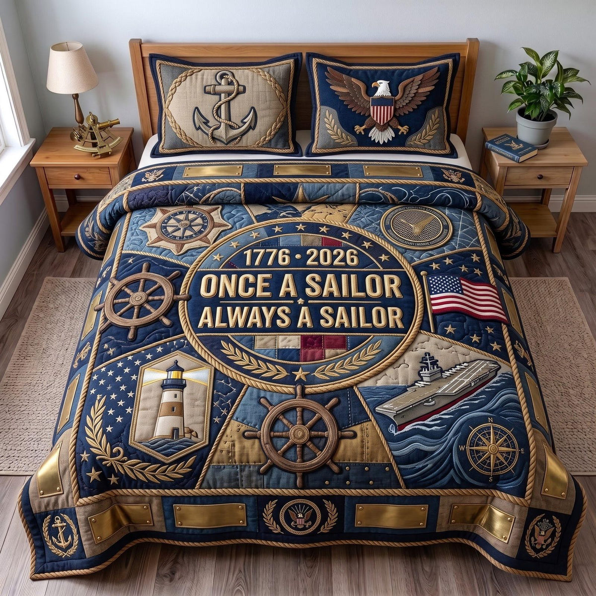 Navy Pride quilted 3-piece bedding set on a made bed in a warmly lit bedroom