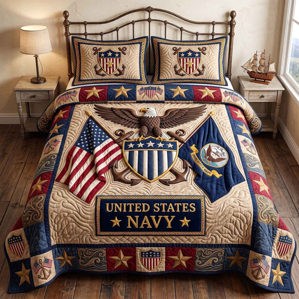Navy Pride quilted 3-piece bedding set on a made bed in a warmly lit bedroom