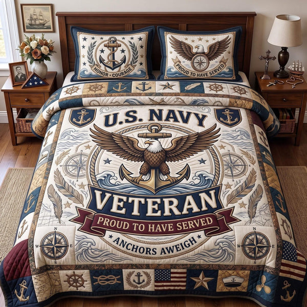 Navy Veteran quilted 3-piece bedding set on a made bed in a warmly lit bedroom