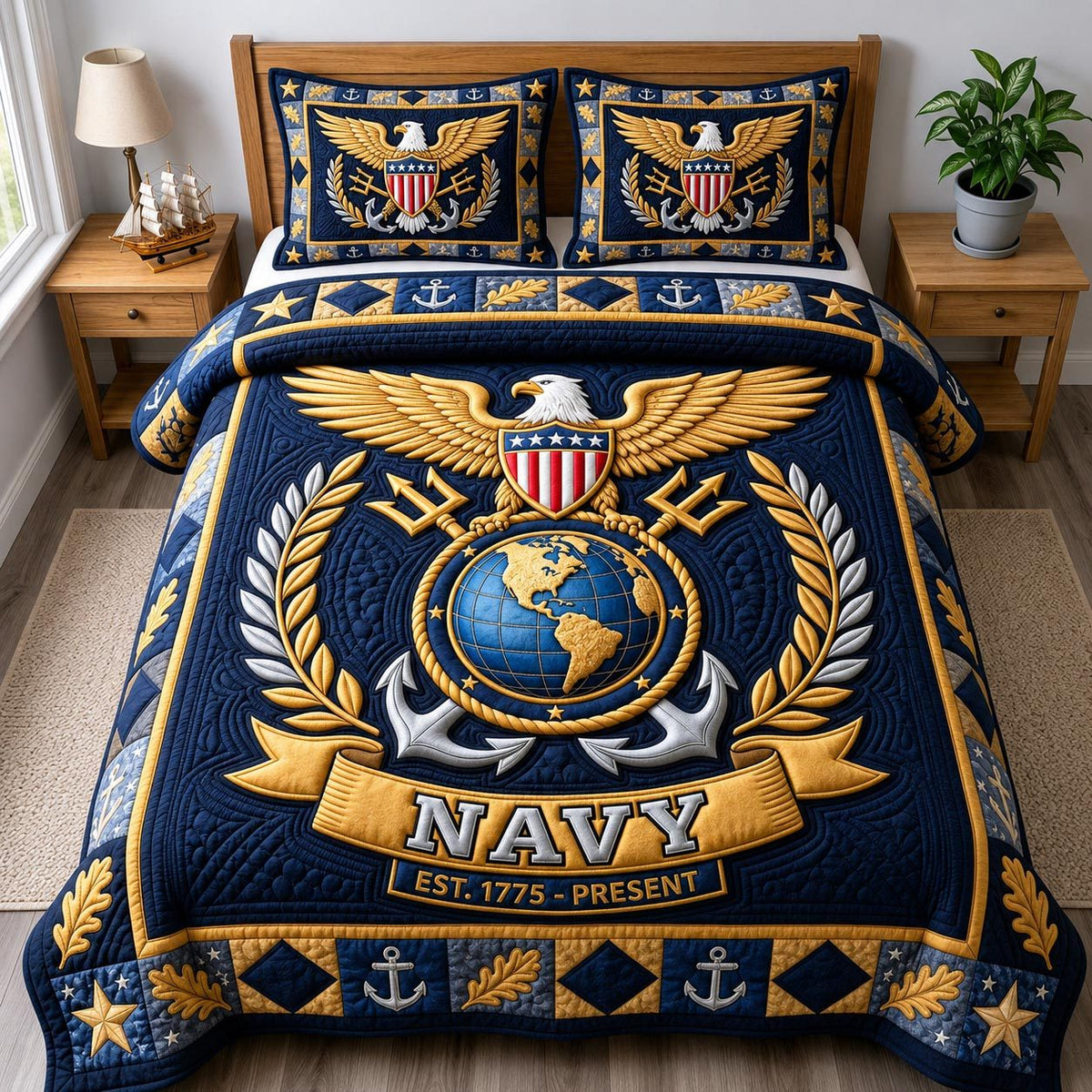 Navy Veteran quilted 3-piece bedding set on a made bed in a warmly lit bedroom