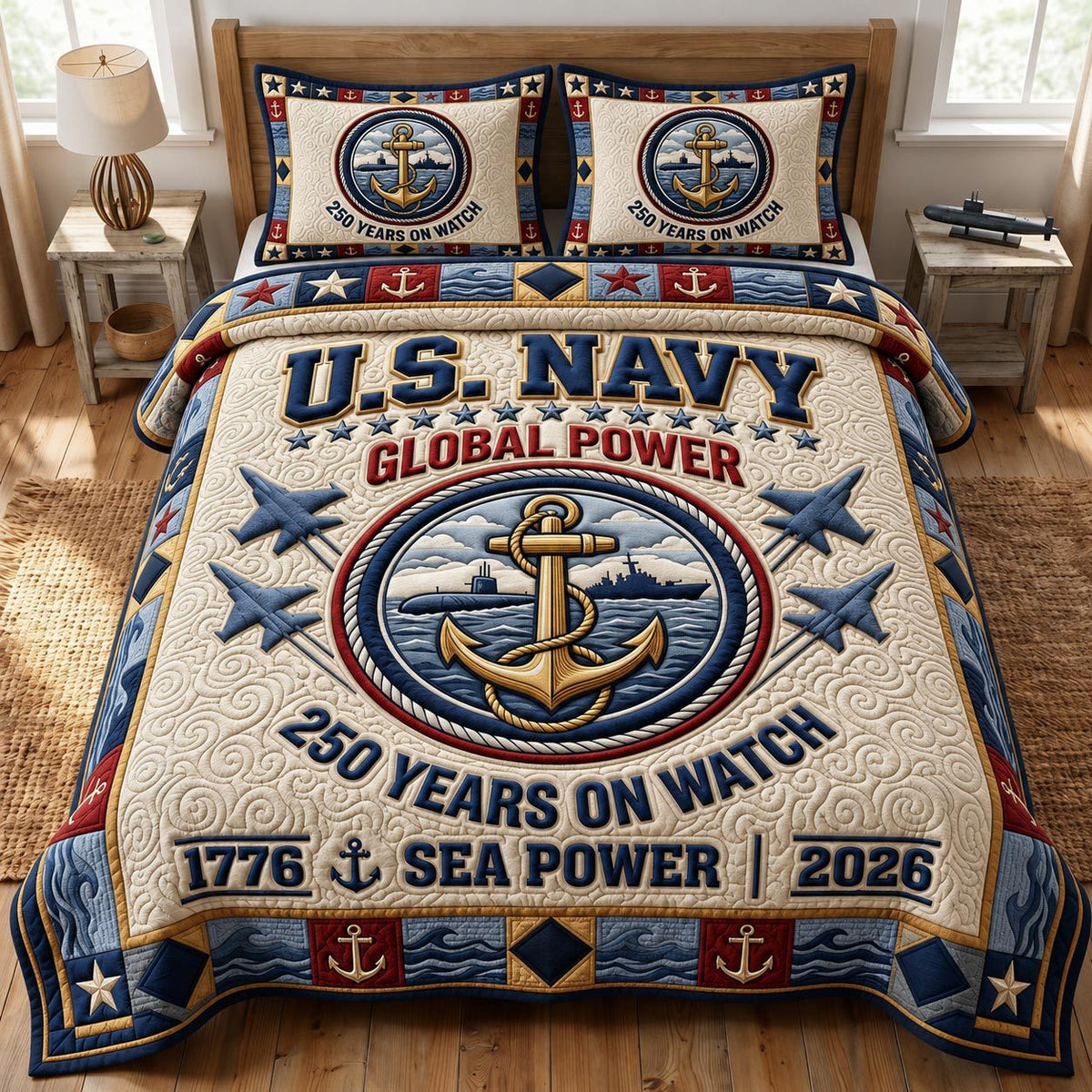 Navy Veteran quilted 3-piece bedding set on a made bed in a warmly lit bedroom