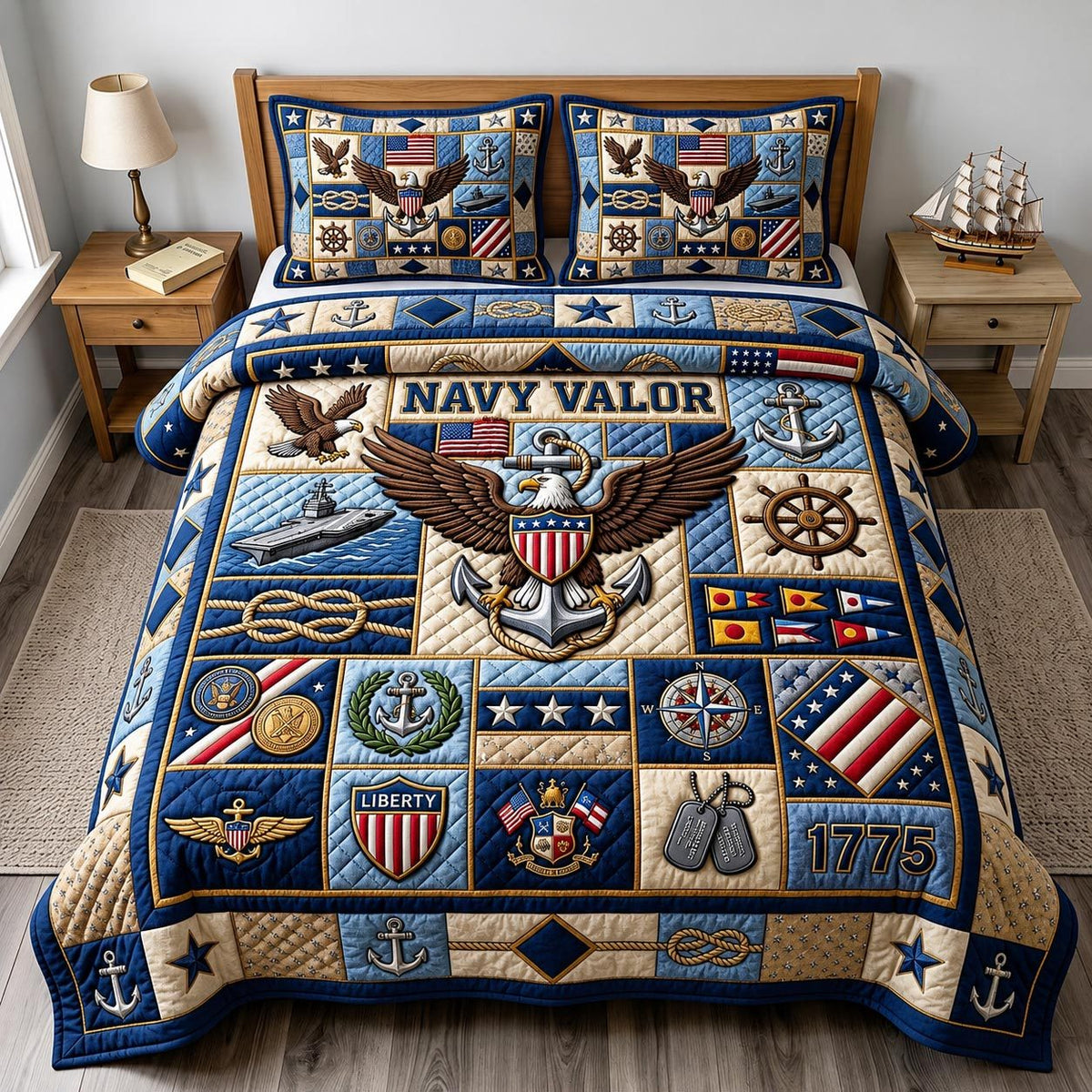 Navy Veteran quilted 3-piece bedding set on a made bed in a warmly lit bedroom