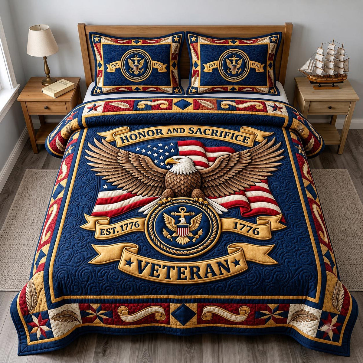 Navy Veteran quilted 3-piece bedding set on a made bed in a warmly lit bedroom