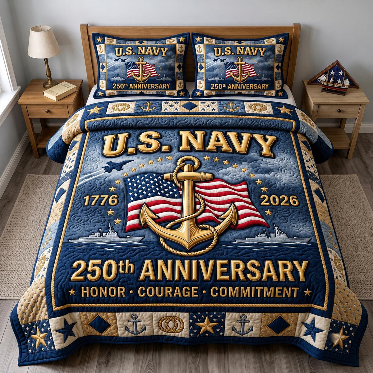Navy Veteran quilted 3-piece bedding set on a made bed in a warmly lit bedroom