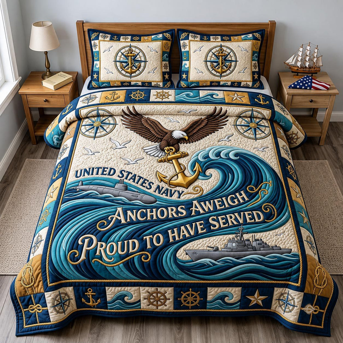 Navy Veteran quilted 3-piece bedding set on a made bed in a warmly lit bedroom