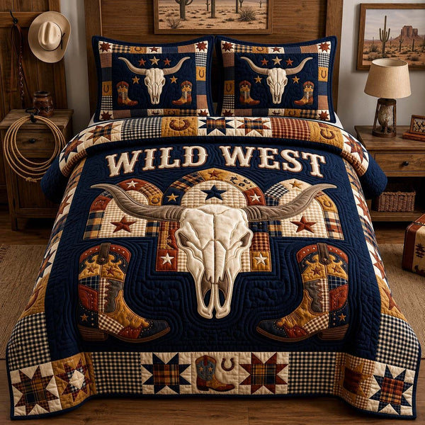 Navy Wild West quilted 3-piece bedding set on a made bed in a warmly lit bedroom