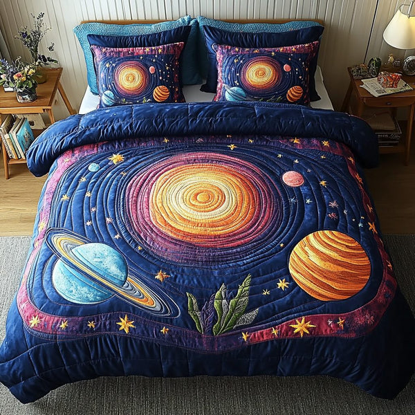 Nebula Bloom quilted 3-piece bedding set on a made bed with two matching pillow shams