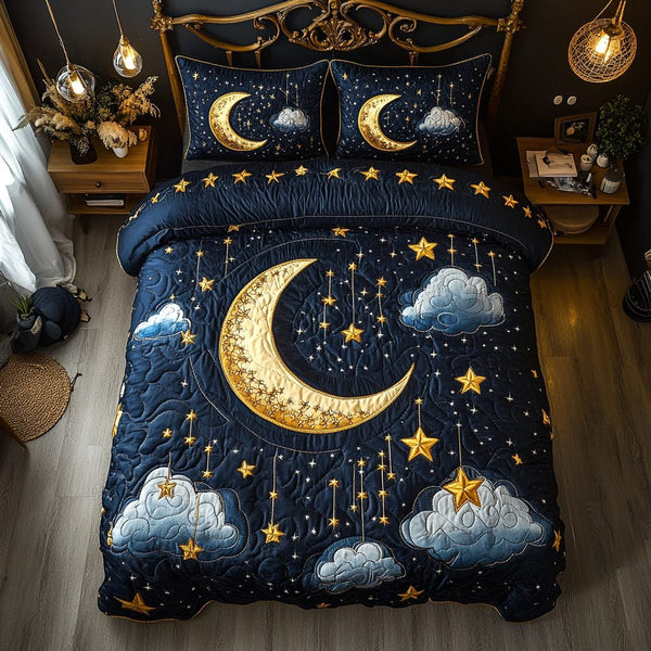 Nebula Nights quilted 3-piece bedding set on a made bed with two matching pillow shams