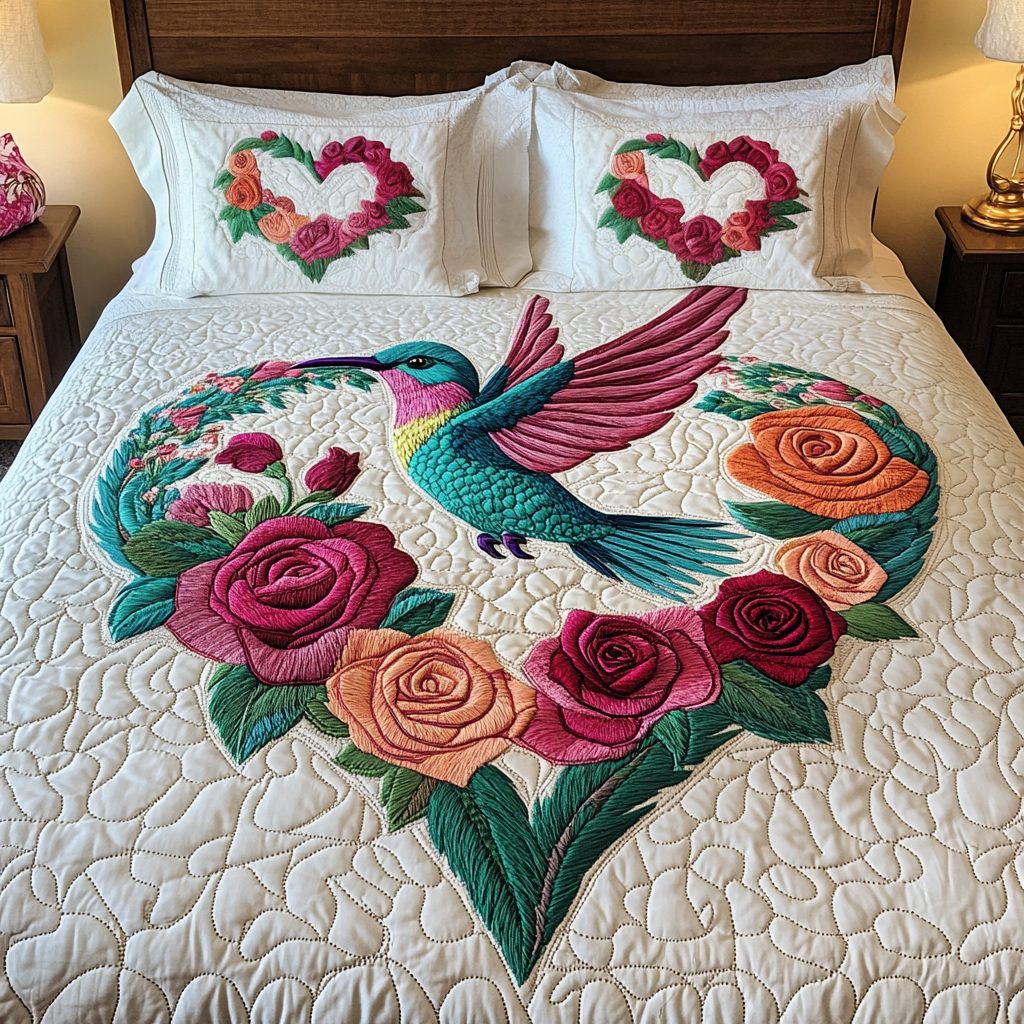 Nectar Bliss quilted 3-piece bedding set on a made bed with two matching pillow shams