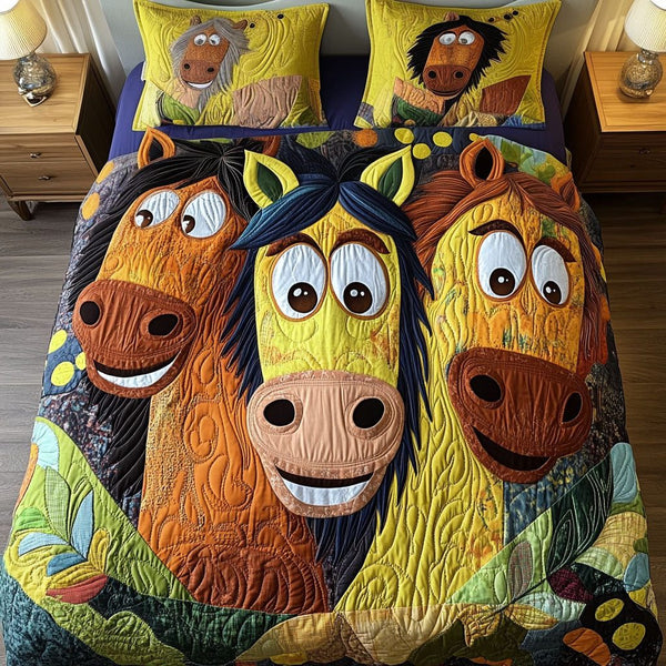 Neigh Neigh Vibes quilted 3-piece bedding set on a made bed with two matching pillow shams