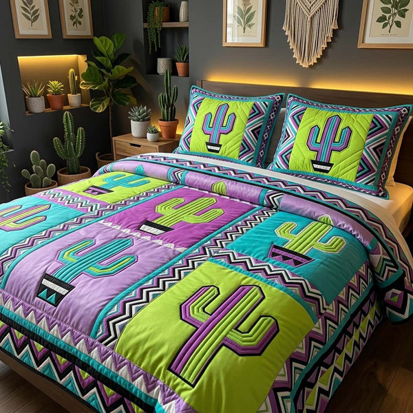Neon Cactus Pop quilted 3-piece bedding set on a made bed with two matching pillow shams