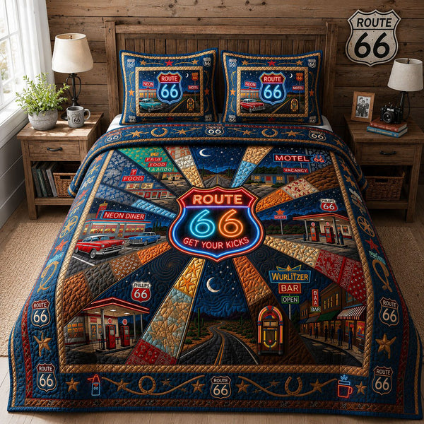 Neon Nights On Route 66 quilted 3-piece bedding set on a made bed with two matching pillow shams