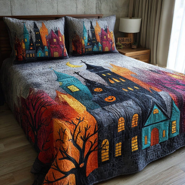 Neon Spooky Spires quilted 3-piece bedding set on a made bed against a dark styled interior