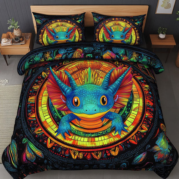 Neon Swimmer quilted 3-piece bedding set on a made bed with two matching pillow shams