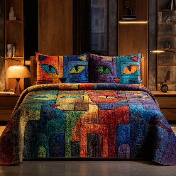 Neon Whiskers quilted 3-piece bedding set on a made bed with two matching pillow shams