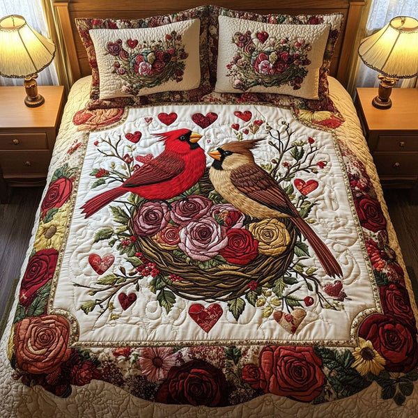 Nest of Love quilted 3-piece bedding set on a made bed with two matching pillow shams