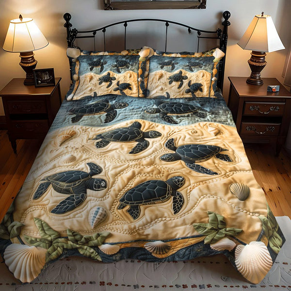 Nest to Ocean quilted 3-piece bedding set on a made bed in a light coastal bedroom