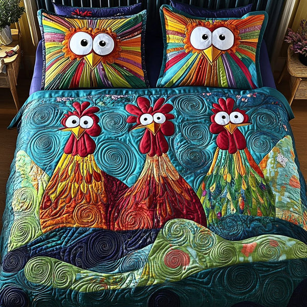 Nesting Joy quilted 3-piece bedding set on a made bed with two matching pillow shams