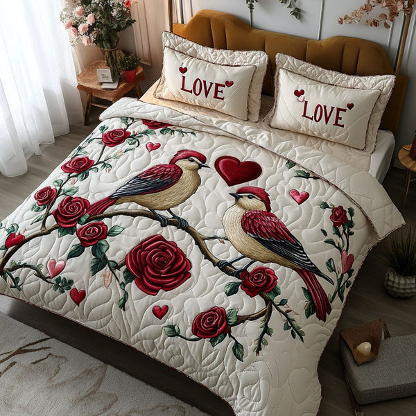 Nestled Together quilted 3-piece bedding set on a made bed with two matching pillow shams