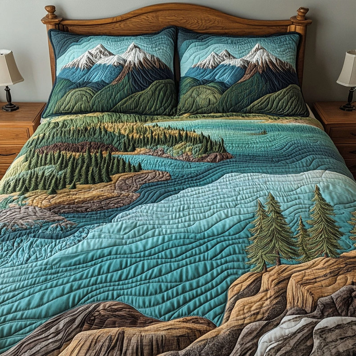 Nevada Dreamscape quilted 3-piece bedding set on a made bed with two matching pillow shams