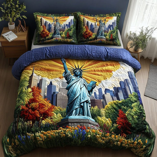 New York Flame quilted 3-piece bedding set on a made bed with two matching pillow shams