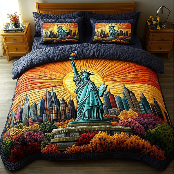 New York Light quilted 3-piece bedding set on a made bed with two matching pillow shams