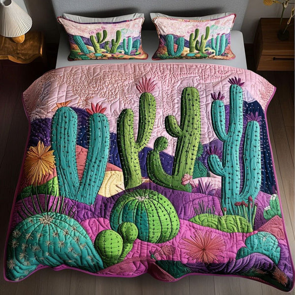 Night Bloom Cactus quilted 3-piece bedding set on a made bed with two matching pillow shams