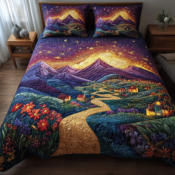 Night Court City of Starlight quilted 3-piece bedding set on a made bed with two matching pillow shams