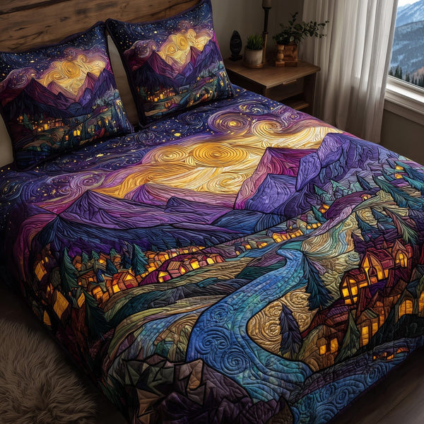 Night Court City of Starlight quilted 3-piece bedding set on a made bed with two matching pillow shams